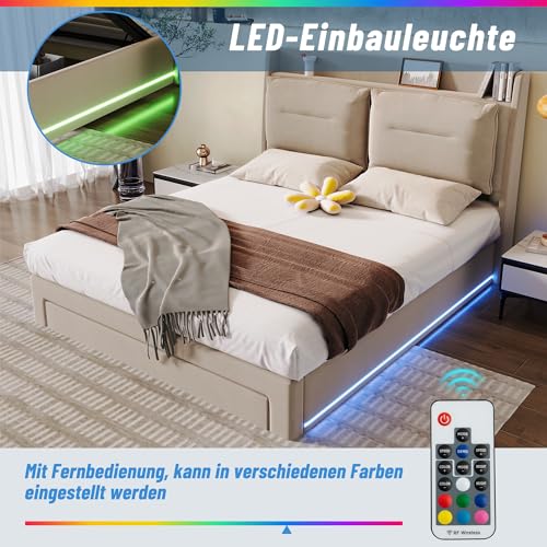 Rtopsu Polsterbett Doppelbett 180x200 cm mit LED-Licht und Bettende Stauraum Schublade, Bett mit Stauraum und Kopfteil, Hydraulisches Bett mit Lattenrost aus Holz, Beige, Samt, Ohne Matratze