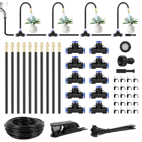 MEKOTRIN 49FT Automatic Drip Irrigation Kit, 360° Adjustable Bendable Garden Watering Misting Cooling System with 10 Pcs Brass Mist Nozzles 15m Misting Line for Yard Lawn Plants Flower Bed