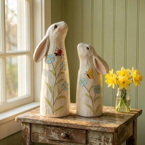 Figurines lapin en résine lot de 2 statuettes blanches déco printemps