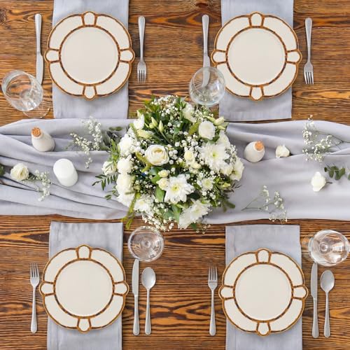 Purpeak 4 Pcs Ceramics Bamboo Touch Dinner Plate 11 Inch Bamboo Touch Accent Plate Reusable Tableware for Home Salad Indoor Outdoor Dining Kitchen, Dishwasher Safe(Brown) by Purpeak - Used condition - Image 3