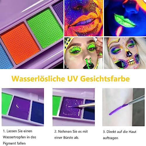 KARLOR UV Neon Face Paint, 9 Fluorescent Eyeshadow Palette, Neon Body Paint for Neon Make-Up Eyes Graphic Eyeliner Face Body Painting Set Highlight Makeup Glow in dark - Image 4