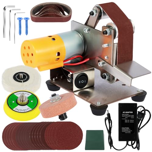 FALESOUL Mini Belt Sander Electric Bench Grinder Sanding Machine 7 Adjustable Speed Multifunctional Mini Bench Belt Grinder Kit for DIY Woodworking, Metal Grinding, Knife Making, Jewelry Making