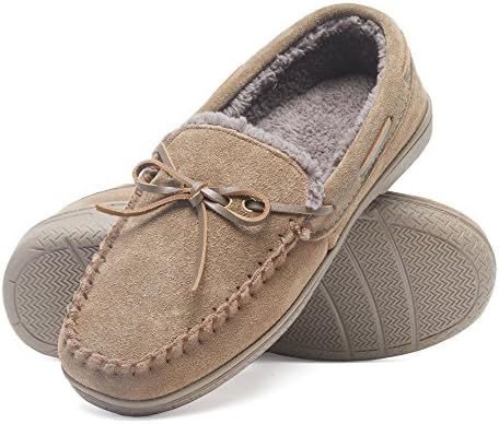 Heat Edge Mens Memory Foam Suede Slip on Indoor Outdoor Moccasin Slipper Shoe (11, Taupe)