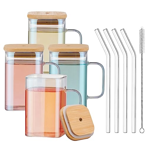 Huahangna Square Drinking Glasses With Handle Set Of 4-20 Oz Glass Tumbler Cup With Bamboo Lids And Straw cover
