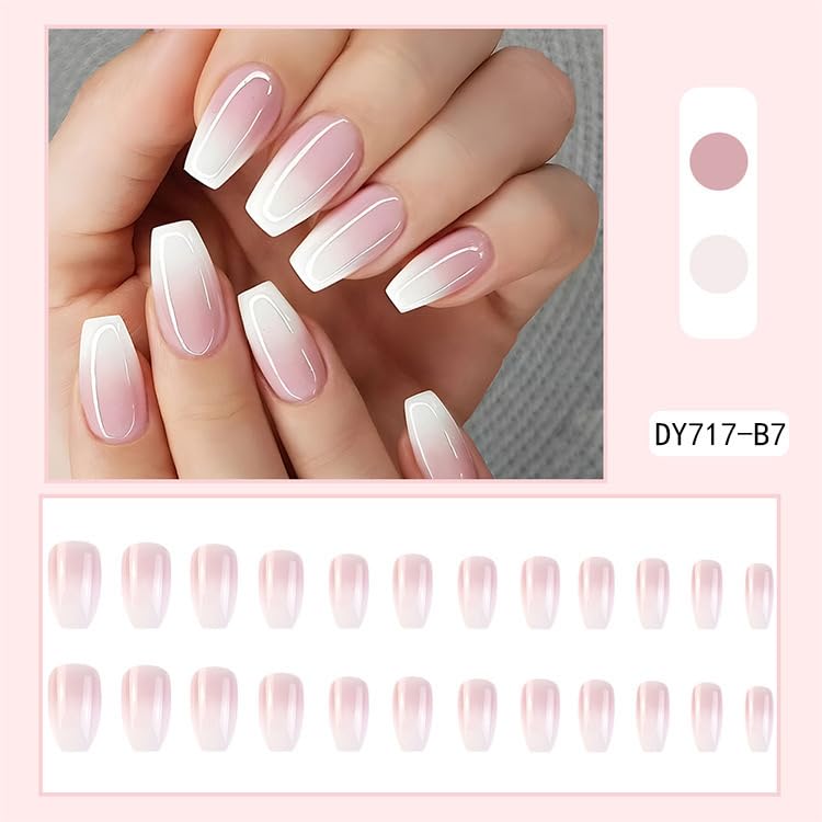 Miniatura 7 de Uñas postizas a presión con degradado blanco y rosa, uñas postizas cuadradas medianas, uñas postizas blancas con diseño degradado, uñas acrílicas
