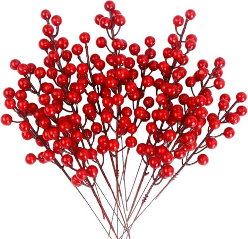 SULOLI Christmas Red Berries,20Pieces Christmas Holly Berries Branch Artificial Fruits for Xmas Wreaths decorations
