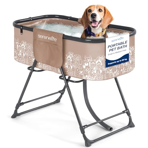 SereneLife Portable Dog Bath Tub Foldable Grooming Dog Washing Station Large Puppy Bath with Adjustable Height Drain Hose & Storage Pockets 59Kg Capacity for Indoor/Outdoor Use (Brown)