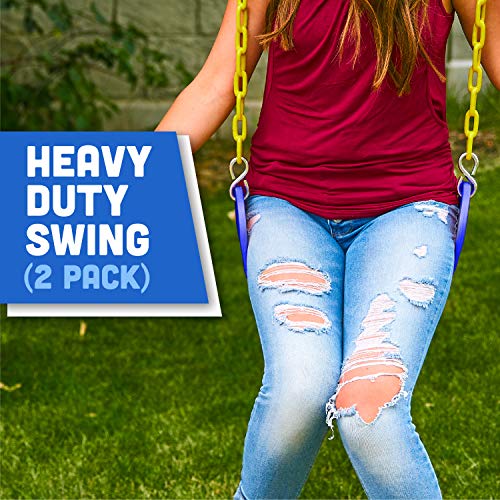 Squirrel Products 2 Pack Heavy Duty Strap Swing Seat - Swing Set Strap Swing Seat Replacement with Plastic Coated Chain and Carabiners for Easy Install - Blue