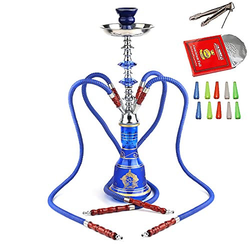 Hookah Shiftah 4 Schlauchhukahn Set, 21,6" Glas Shisha-Wasserhaarige Mit 50 Vorgestanzten Hukahn-Folienabdeckungen, 100 Einweg-Hukahn-Mundtipps,Blau