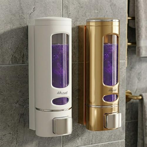 Image of ALTURAS Wall Mounted Liquid Soap Dispenser, ABS, 400 ML, for Shampoo, Sanitizer and Gel Handwash Dispenser (400 ML Gold and White)