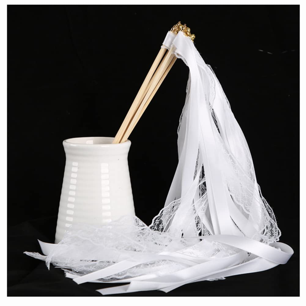 Egurs Varitas mágicas con cinta campanas para boda, 50 unidades, encaje de hadas, cinta de encaje, varitas mágicas de pared para bodas, Navidad, cumpleaños, fiestas, color blanco, 50 unidades