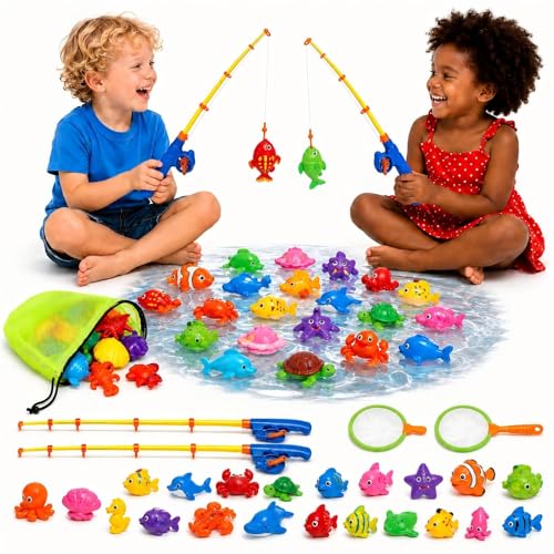Jouet de Bain Éducatif Enfant 3+ Ans Jouet de Pêche Aquatique avec 30 Animaux Flottants Set Magnétique avec 2 Cânes & 2 Épuisettes Jeux Exterieur Enfant...