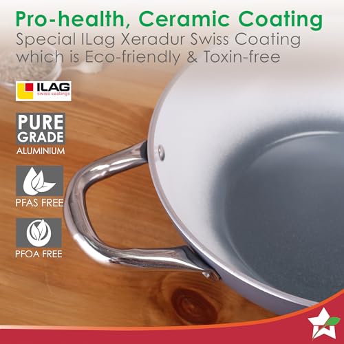 Image of Wonderchef Eco-Glide Kadhai with Glass Lid | | Chemical-Free Ceramic Coating | 24cm, 2.5L | Healthy, Low Oil Meals | Scratch-Resistant | Stainless-Steel Handle | Gas & Induction Compatible | Grey
