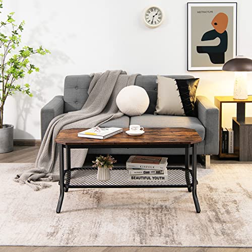 Costway Industrial Coffee Table, 2-Tier Cocktail Tea Table With Open Mesh Storage Shelf, Wooden Finish Tabletop, Metal Frame, Sofa Side Central Table For Living Room, Bedroom, Rustic Brown #TOP1