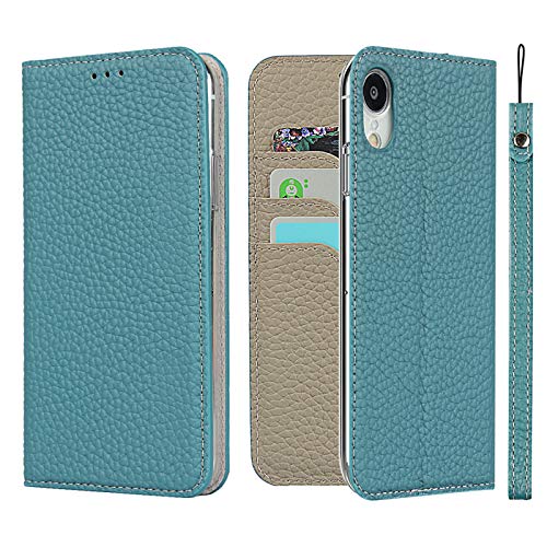 Étui en cuir véritable pour iPhone XR avec blocage RFID bleu clair élégant