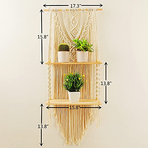 Macrame Wall Hanging Shelf - Boho Indoor Hanging Shelves For Wall - Decorative Bohemian Floating Plants Room Storage Shelving Macrame Rope Decor Organizer Rack, 2 Tier Indoor Handmade Plant Shelves #TOP4