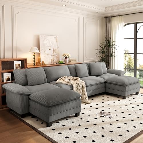 Image of PHI VILLA Cloud Modular Couch Sets, 157.5 inch Oversized Large Sectional Sofa with U-Shaped Chaise, 6-Seater Couches with Movable Ottomans for Living Room, Corduroy Grey