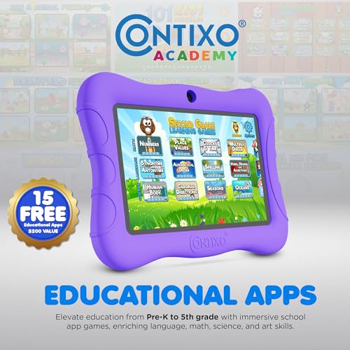 Image of Contixo 7 inch Kids Tablet Bundle - Android Tablets and Kids Wired Headphones, with 14+ Games and Educational Apps, WiFi, 32GB ROM, Learning Tablet for Kids - Purple