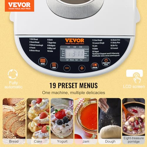 Image of VEVOR Bread Maker, 19-in-1 2LB Dough Machine, Nonstick Ceramic Pan Automatic Breadmaker with Gluten Free Setting, Whole Wheat Bread Making, Digital, Programmable, 3 Loaf Sizes, 3 Crust Colors, White