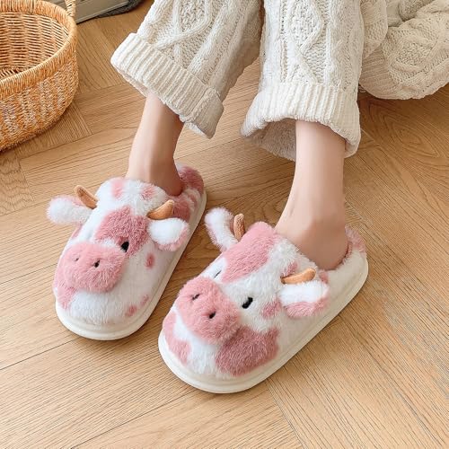 Cow Slippers for Women, Adults Print Cartoon Fuzzy Cute Bedroom House Shoes with Memory Foam for Winter, Fluffy Thick Cozy Kawaii Slides2