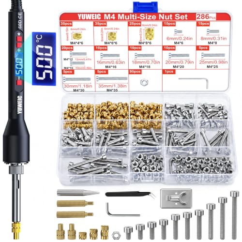 Heat-Set Threaded Insert Kit – 286pcs with 60W Digital Soldering Iron, Stand, Tweezers &amp; M4 Nuts, Screws &amp; Caps for Plastic Thread Repair and DIY Projects