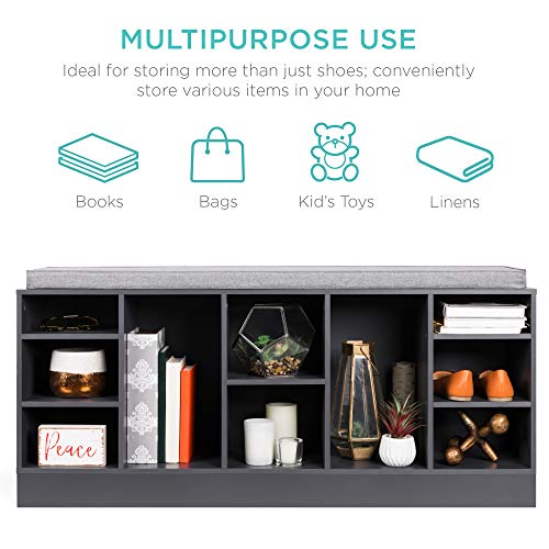 Best Choice Products 46in Multifunctional Space Saving Organization Storage Shoe Rack Bench for Entryway, Bedroom, Living Room w/Padded Seat, 10 Cubbies - Gray