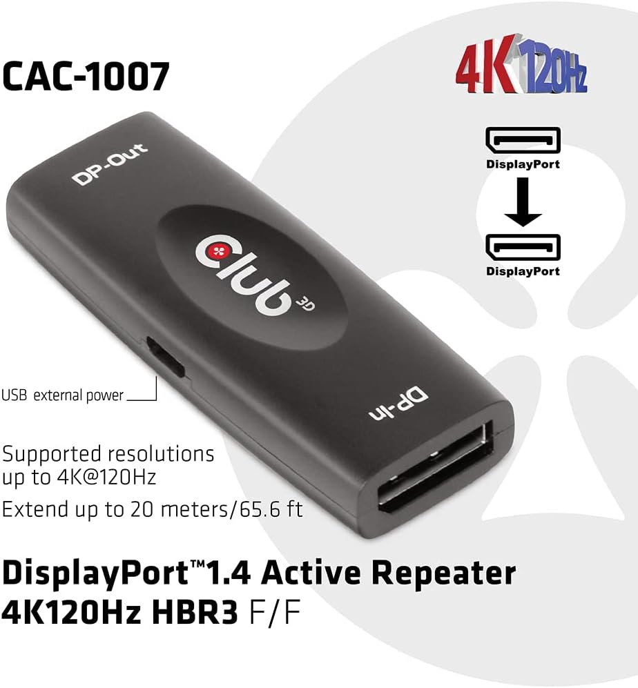 Club3D DP 1.4 4K120HZ HDR Active Repeater F/F displayport, W126175647 (Repeater F/F displayport Black DP 1.4 4K120HZ HDR Active Repeater F/F, displayport, displayport, Black)