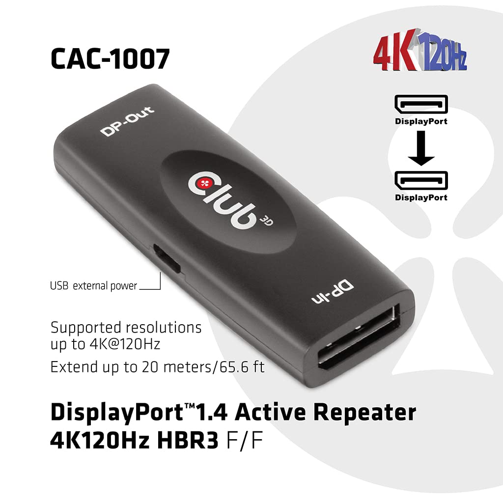 Club3D DisplayPort™ 1.4 aktywny repeater/wzmacniacz sygnału 4K120Hz HBR3 B/B