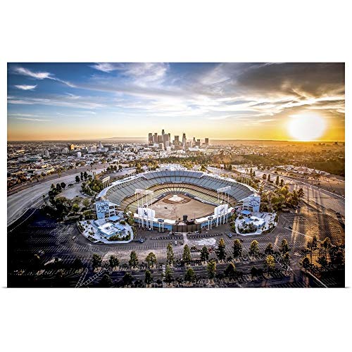 Great Big Canvas Poster Print Entitled Aerial View of The Dodgers Stadium with The Los Angeles Skyline in The Distance by Copterpilot Photography 36"x24"