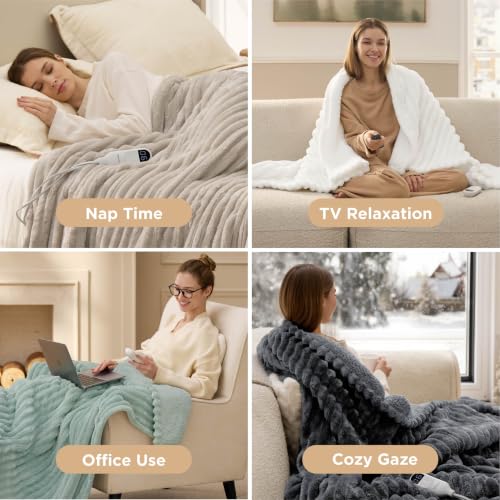 Image of Bedsure Electric Blanket Queen Size - Thick Striped Flannel Electric Blanket with Dual Control, Heating with 6 Heat Settings & 6 Time Settings, 8 hrs Timer Auto Shut Off (84x90 inches, Linen)