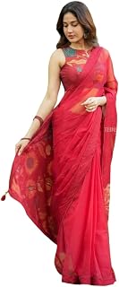 Femori Deep Red Linen Printed Saree for Women, Floral Sunflower Design, Lightweight Breathable Fabric, Festive Ethnic saree Price In India