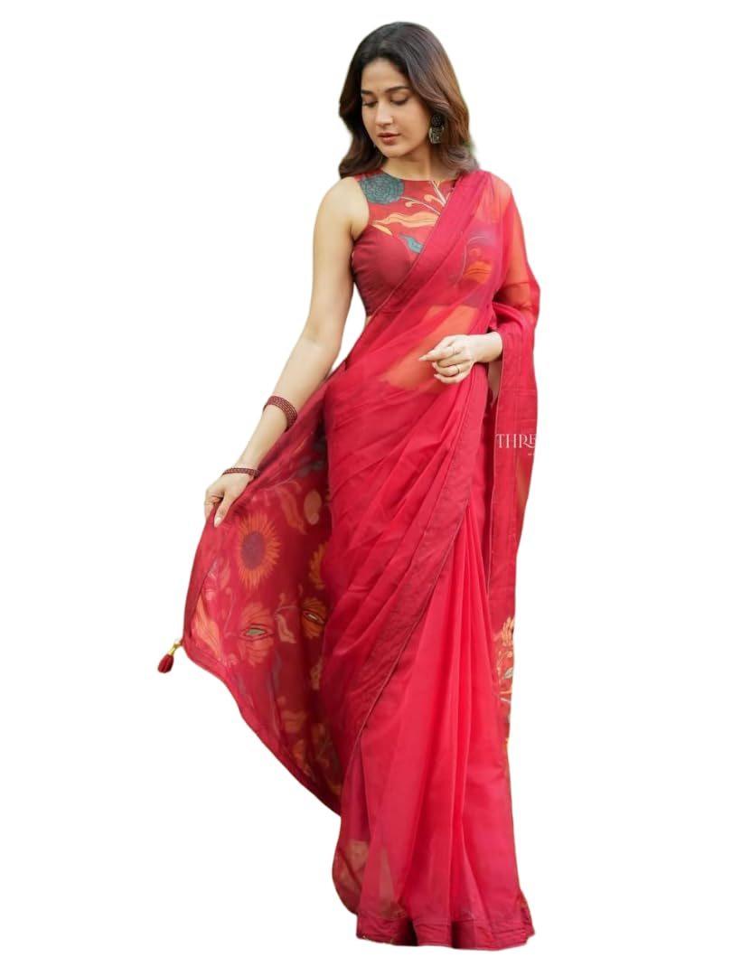 Deep Red Linen Printed Saree for Women, Floral Sunflower Design, Lightweight Breathable Fabric, Festive Ethnic saree-image-9