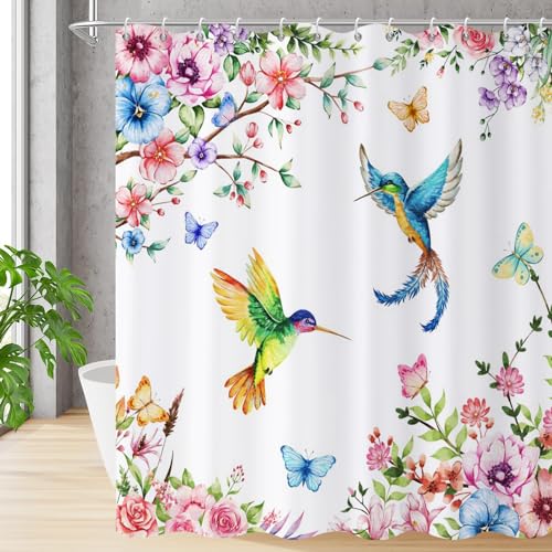 Caheansi Spring Shower Curtain, Colorful Hummingbird Watercolor Floral Blossom with Butterflies Plants Bathroom Curtain Waterproof Fabric Machine Washable with Hooks, 72" Wx96 L