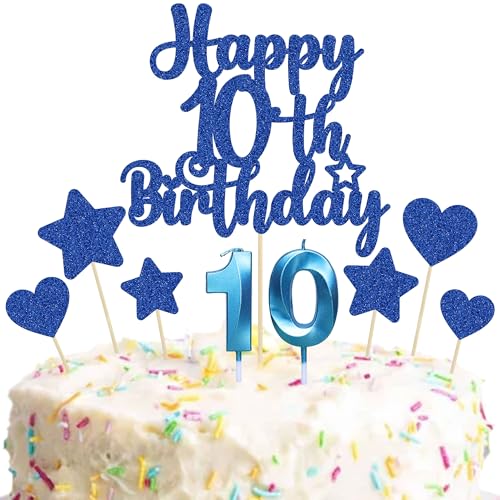 Gyufise 15Pcs Happy 10th Birthday Cake Topper Set Heart Star Glitter Cheers to 10 Years Cake Picks Number 10 Candles Cake Decorations for Happy 10th Birthday Anniversary Party Supplies Blue