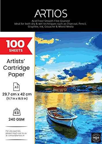 Image of ARTIOS Mixed Media Cartridge Paper A3 240 GSM - 100 (84+16 Free) Drawing Sheets for Artists, Ideal for Charcoal, Graphite, Acrylic, Watercolor, Gouache, Ink, & Other Mixed Media