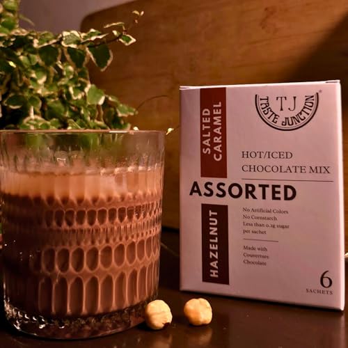 Image of Taste Junction Iced /Hot Chocolate Mix | Hazelnut & Caramel Sea Salt | Assorted Pack | 6 Sachets | <0.2G Sugar | Belgian Chocolate