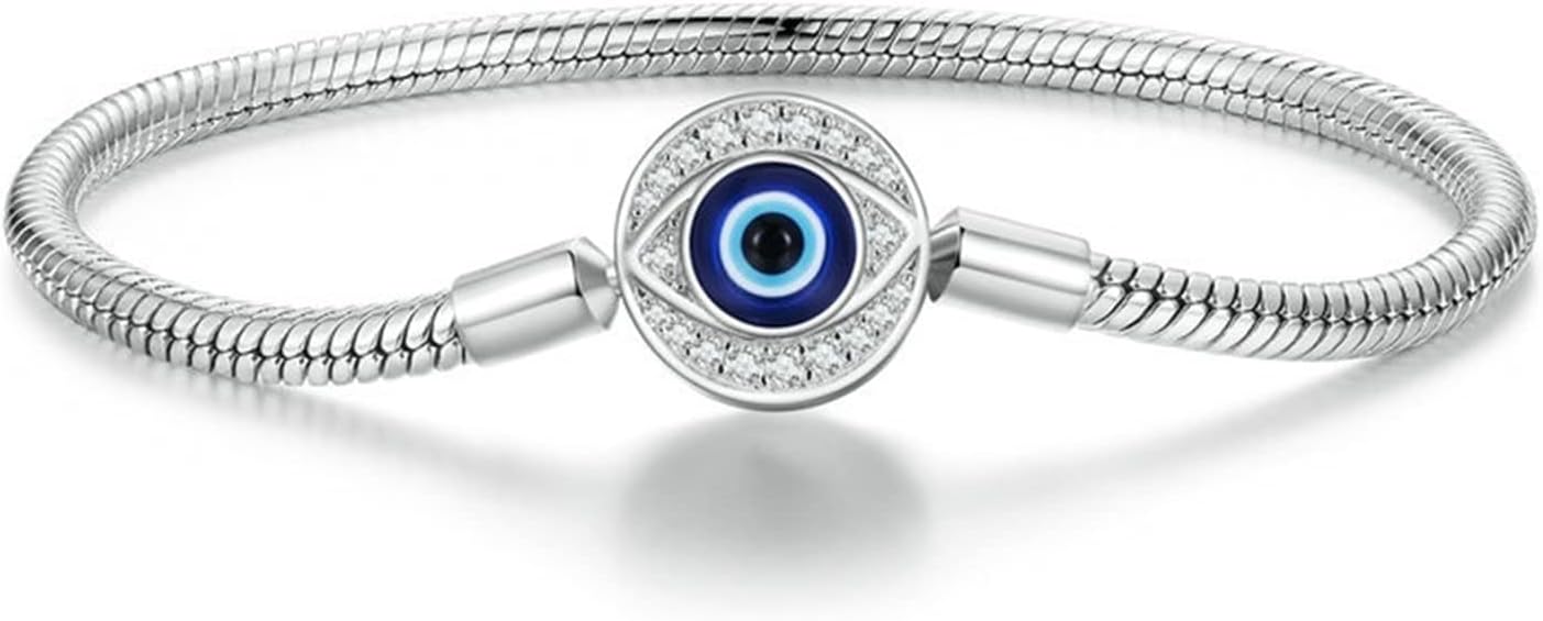 YANHAO 925 Sterling Silver Demon Eye Basic Bracelet Snake Chain Bracelet for Women Charms DIY Pave Setting CZ Fine Jewelry (Size : 19cm)