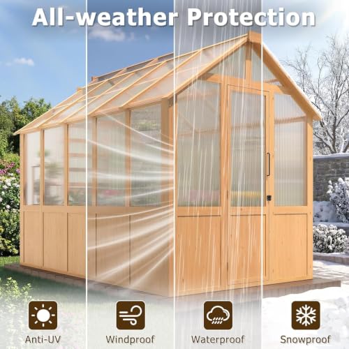 Image of EROMMY 6x10 FT Wooden Greenhouse for Outdoors, Walk-in Greenhouse Kit with 4mm Polycarbonate Panels, Adjustable Roof Vent, Lockable Door, Backyard Greenhouse for Plants and Vegetables