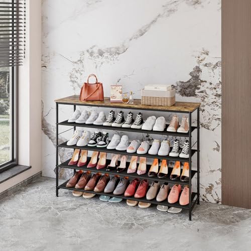 Image of INGIORDAR Shoe Rack Organizer 5 Tier Metal Organizer Shelf with Industrial MDF Board and Layer Fabric for Entryway Closet Bedroom Living Room Garage (Black+Rustic Brown, 5 Tier(47.2 inch W))
