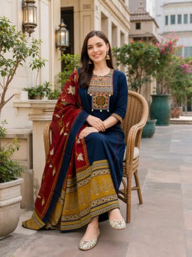 Image of BHARVITA Women's Cotton Embroidered Anarkali Kurta and Palazzo with Dupatta Set