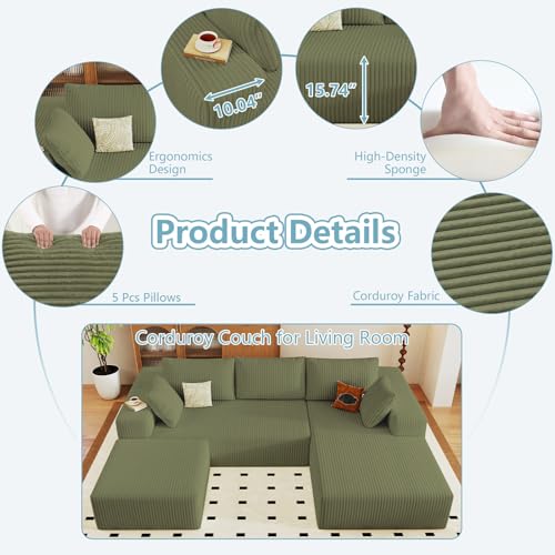 Image of 96 inch Boneless Cloud Sectional Couch Modular Sofa with Ottoman | Modern U-Shaped Couches, Comfy Corduroy Memory Foam Sofas with Oversized Chaise for Living Room (Green,Right-Facing Chaise)