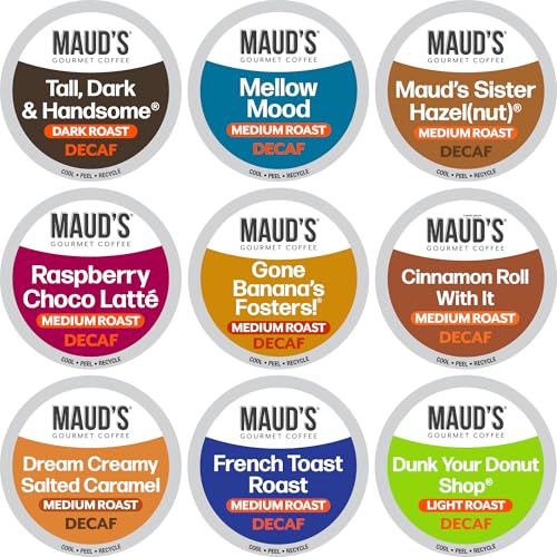 Maud's Decaf Coffee Pods Variety Pack, 80 ct, 9 Assorted Roasts & Flavors, Decaffeinated Medium Roast Coffee in Single Serve Pods - 100% Arabica Coffee, Compatible with Keurig K Cups Maker