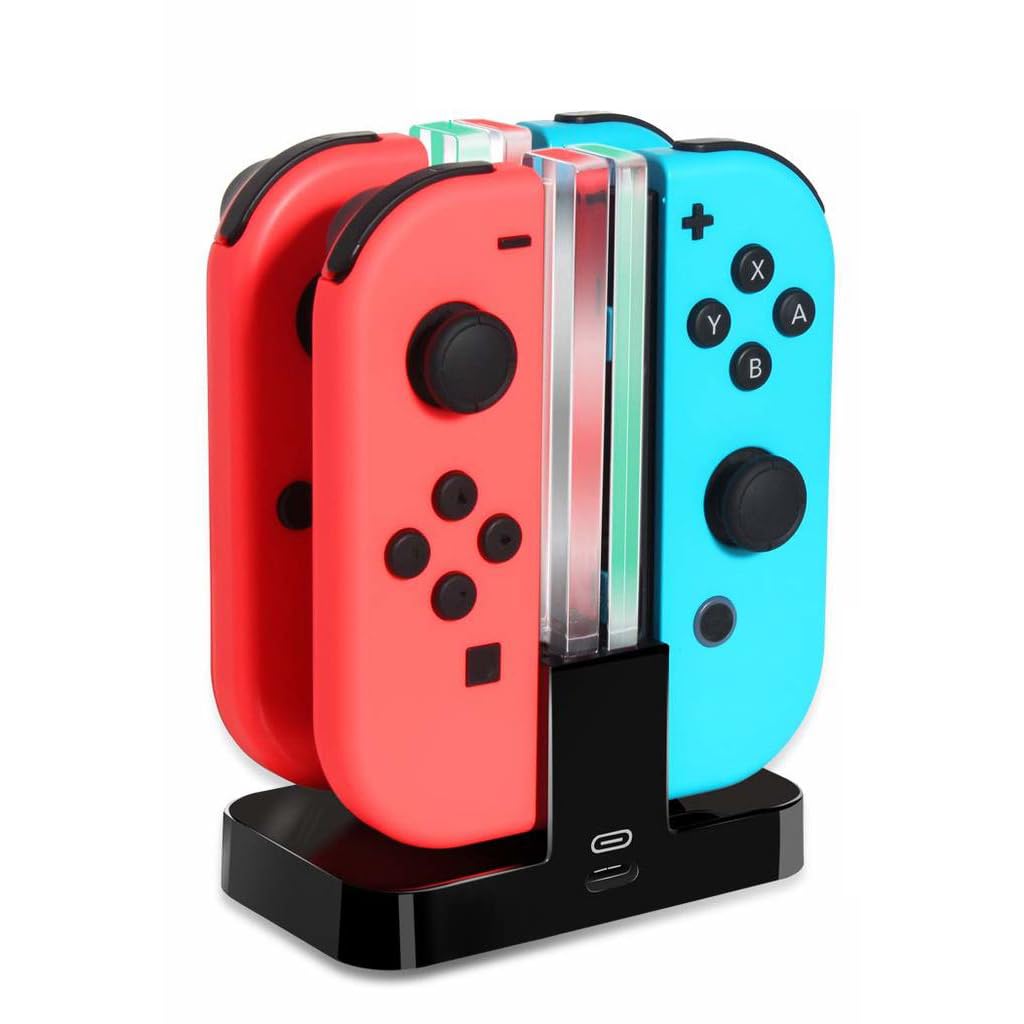 INF Stacja ładująca Nintendo Switch ze wskaźnikiem LED, ładowarka Joy-con 4 w 1 z kablem ładującym USB C, czarna