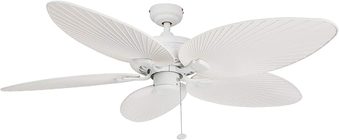 Honeywell Ceiling Fans Palm Island, 52 Inch Tropical Indoor Outdoor Ceiling Fan with Light, Pull Chain, Three Mounting Options, 5 Palm Leaf Blades, Reversible Motor - 50508-01 (White)