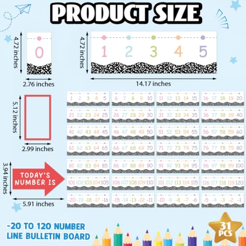 Líneas numéricas de 20 a 120 para decoración de aula con 31 cuadernos de matemáticas 2