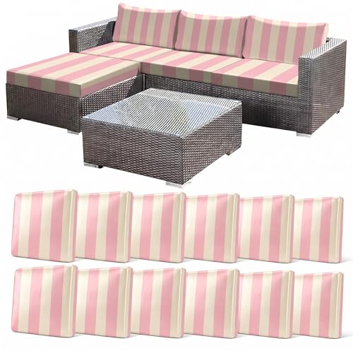 CALBODE 12 Pcs Stretch Striped Seat Cushion Covers, Pink&Beige, Cover Only