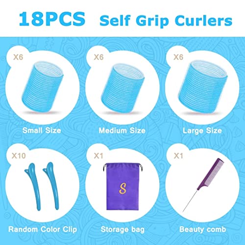 Self Grip Hair Roller Set,Hair Roller Set 18 Pcs,Heatless Hair Curlers,Hair Rollers For Long Hair,Medium And Short Hair,Hair Rollers With Hair Roller Clips And Comb,Salon Hairdressing Curlers,Diy Hair Styles, Sungenol 3 Sizes Blue Hair Rollers In 1 Set #TOP5