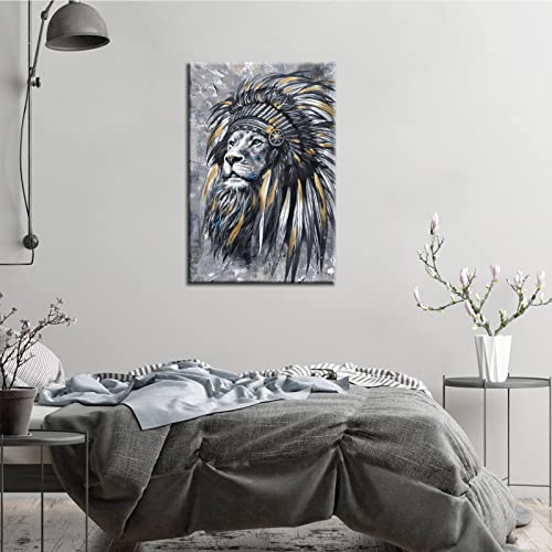 Conipit Native American Canvas Wall Art Indian Native Painting Feathered Chiefs Headdress Art Prints Lion Indian Feather Picture For Modern Home Decor Gallery Wrapped L24Xh36 Inch #TOP4