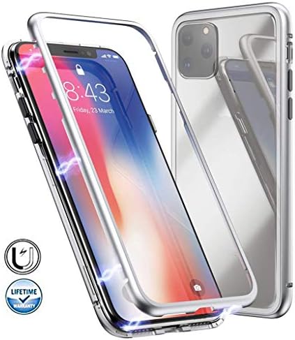 Privacy Adsorption Case Cover Magnetic for iPhone 11 pro 5.8" / 6.1" / Max 6.5", ASTVSHOP Metal Bumper Glass, Clear Back Sided Tempered Glass Metal Frame Full Body Protective Case (Silver, 6.1inch)