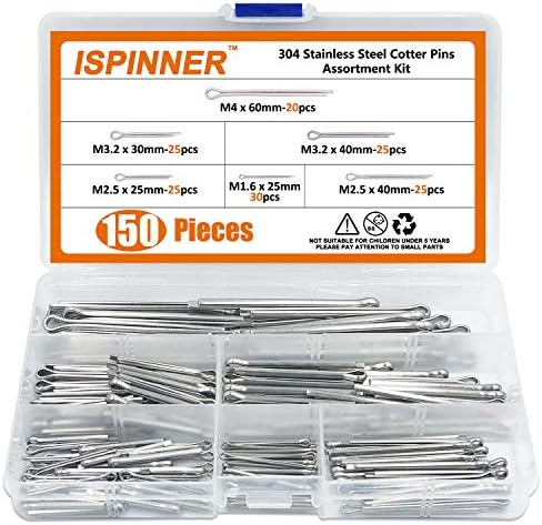 ISPINNER 150pcs 304 Stainless Steel Cotter Pin Clip Key Fastener Fitting Assortment Kit